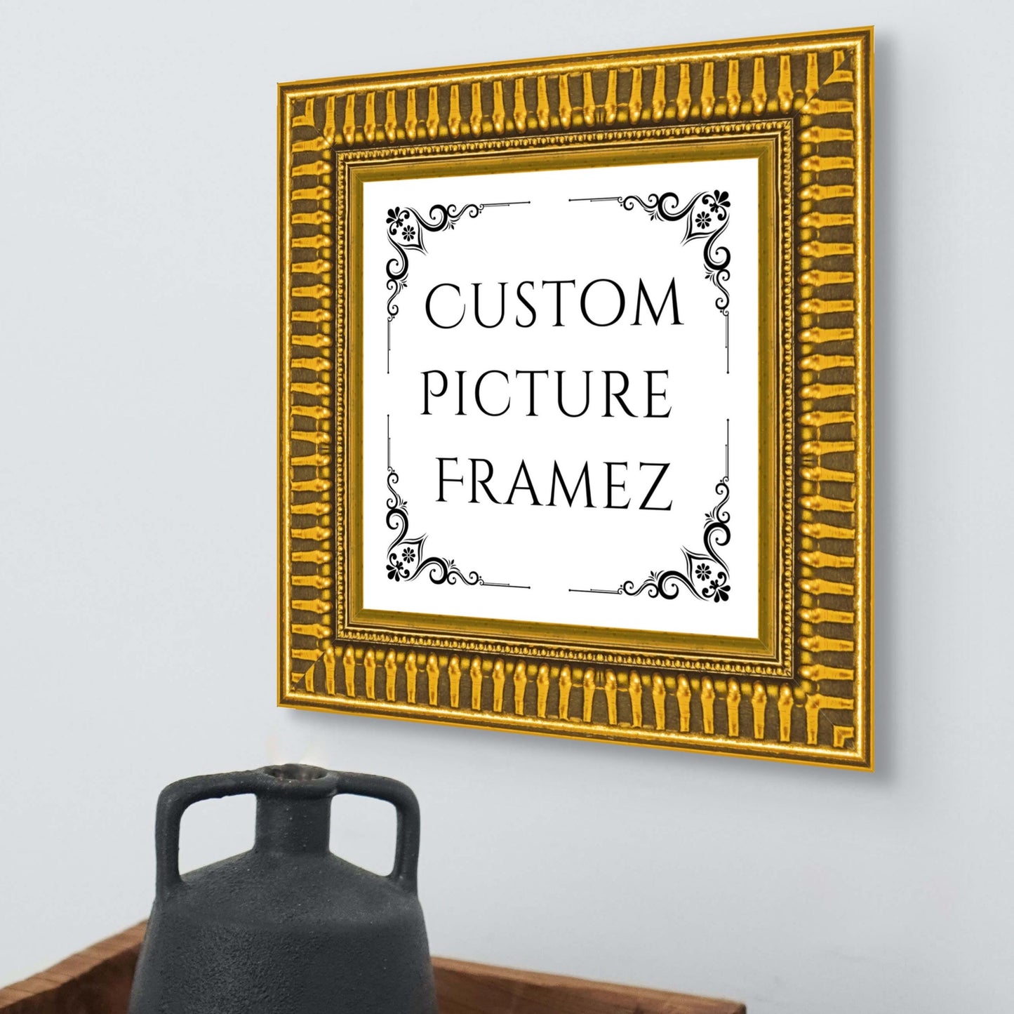 Egyptian Gold Traditional Ornate Picture Frame. 1" Wide. Custom Sizes Available. Gallery-Grade Plexiglass & Backing Option Available.