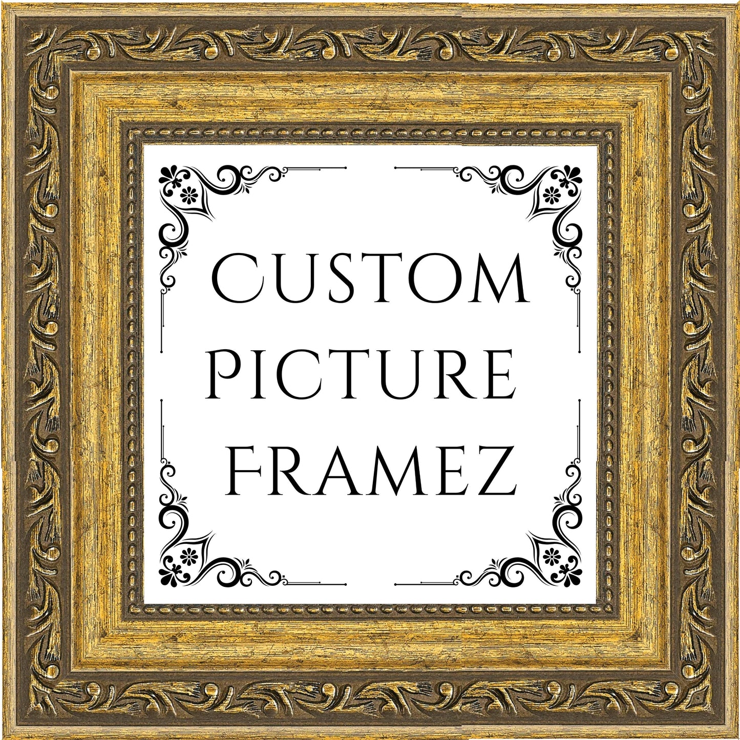 Gold Scrolled Traditional Ornate Picture Frame. 1-5/16" Wide. Custom Sizes Available. Gallery-Grade Plexiglass & Backing Option Available.