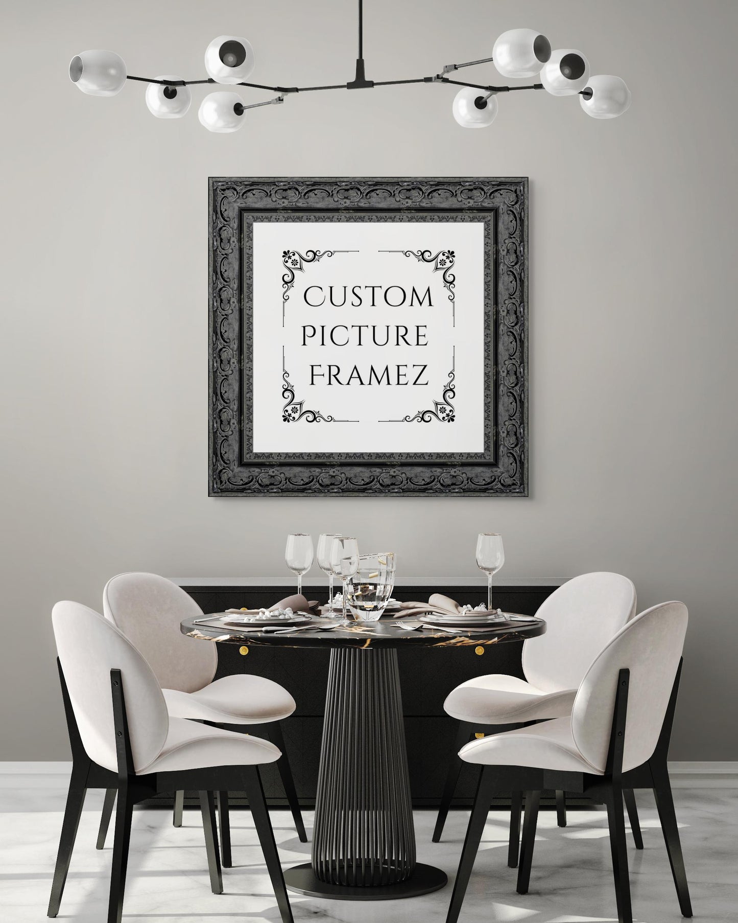 Affordable Ornate Black Baroque Style Picture Frame. 2-1/2" Wide. Custom Sizes Available. Plexi & Backing Option Available. Free Shipping