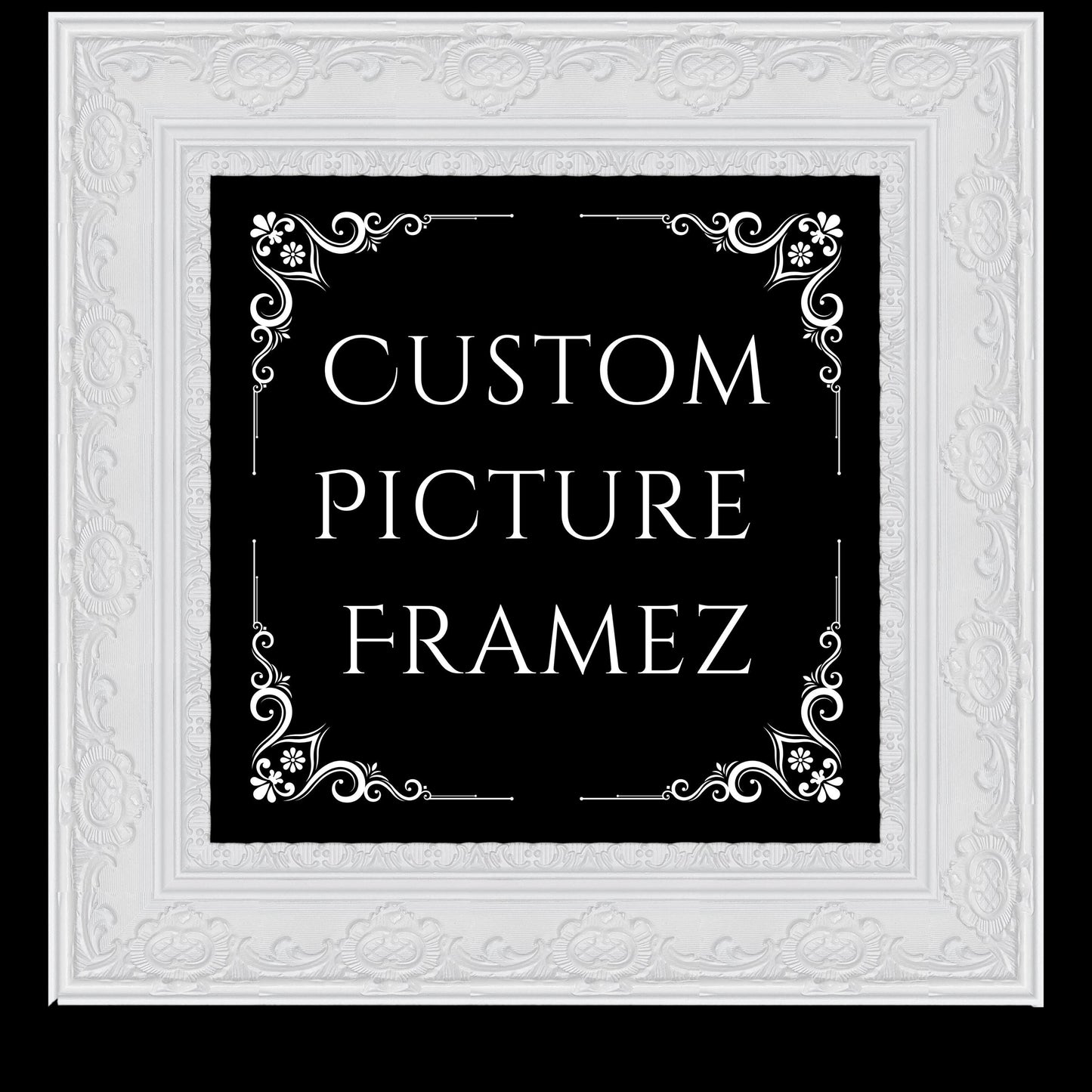 Affordable Ornate Modern White Baroque Style Picture Frame. 2-1/2" Wide. Custom Sizes Available. Plexiglass & Backing Option Available.