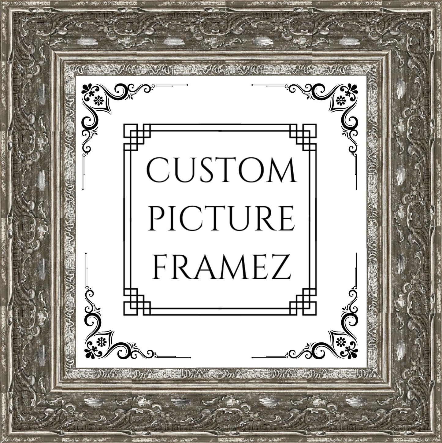 Affordable Antique Ornate Silver Baroque Style Picture Frame. 2-1/2" Wide. Custom Sizes Available. Plexiglass & Backing Option Available.