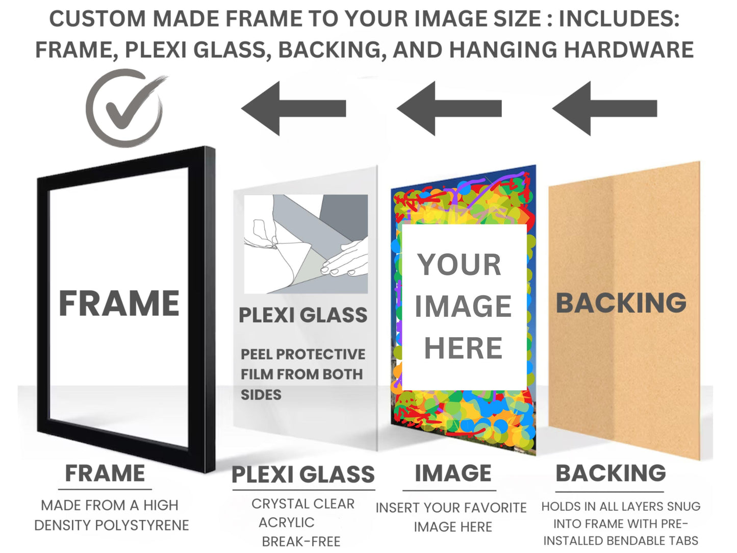 Solid Wood Picture Frame. Any Size Custom Made to Measure to 24 X 36". 6 Colors. Includes Plexiglass & Backing. Free Shipping. Made in USA