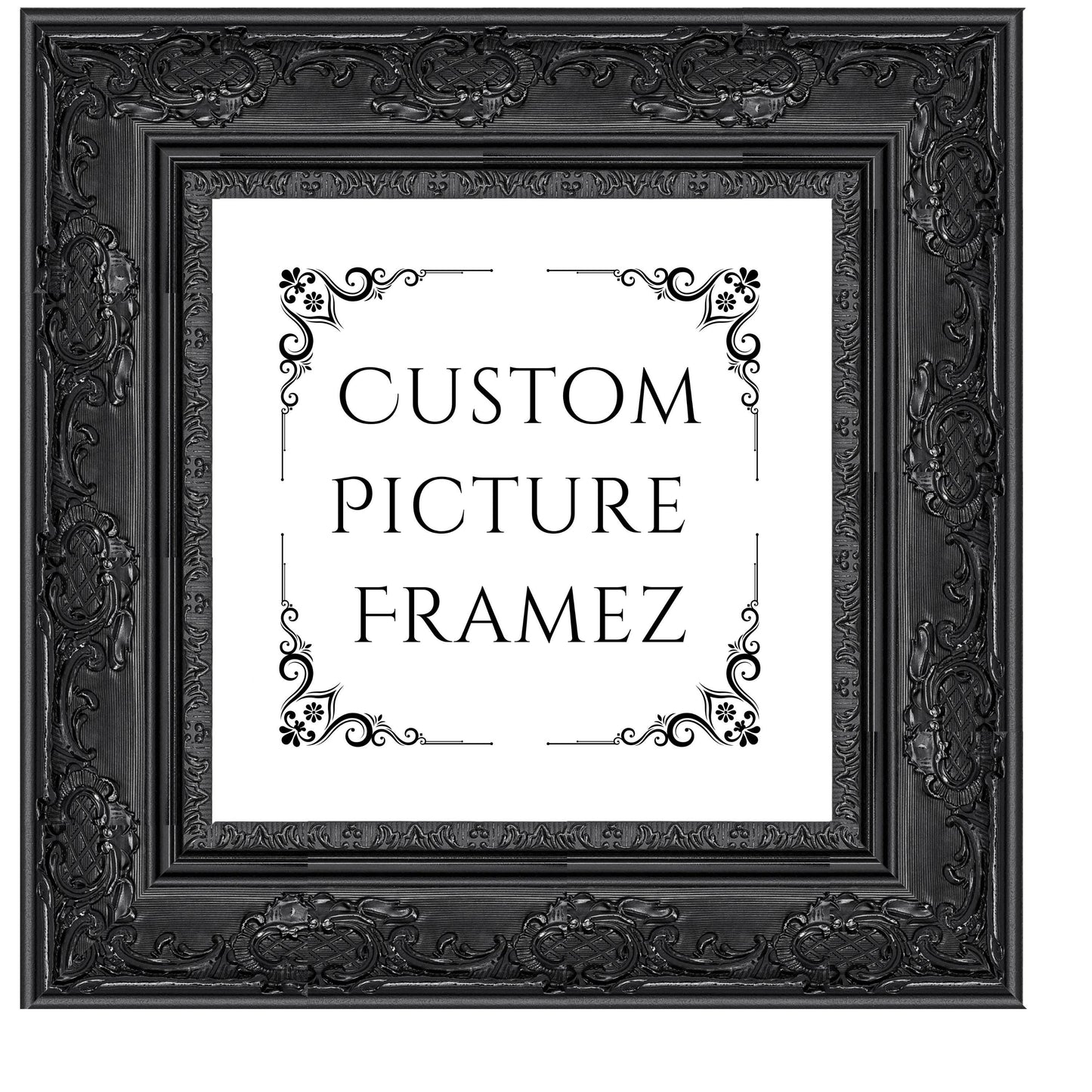 4" Wide Affordable Ornate Black Baroque Style Picture Frame. Custom Sizes Available. Plexi & Backing Option Available. Free Fast Shipping