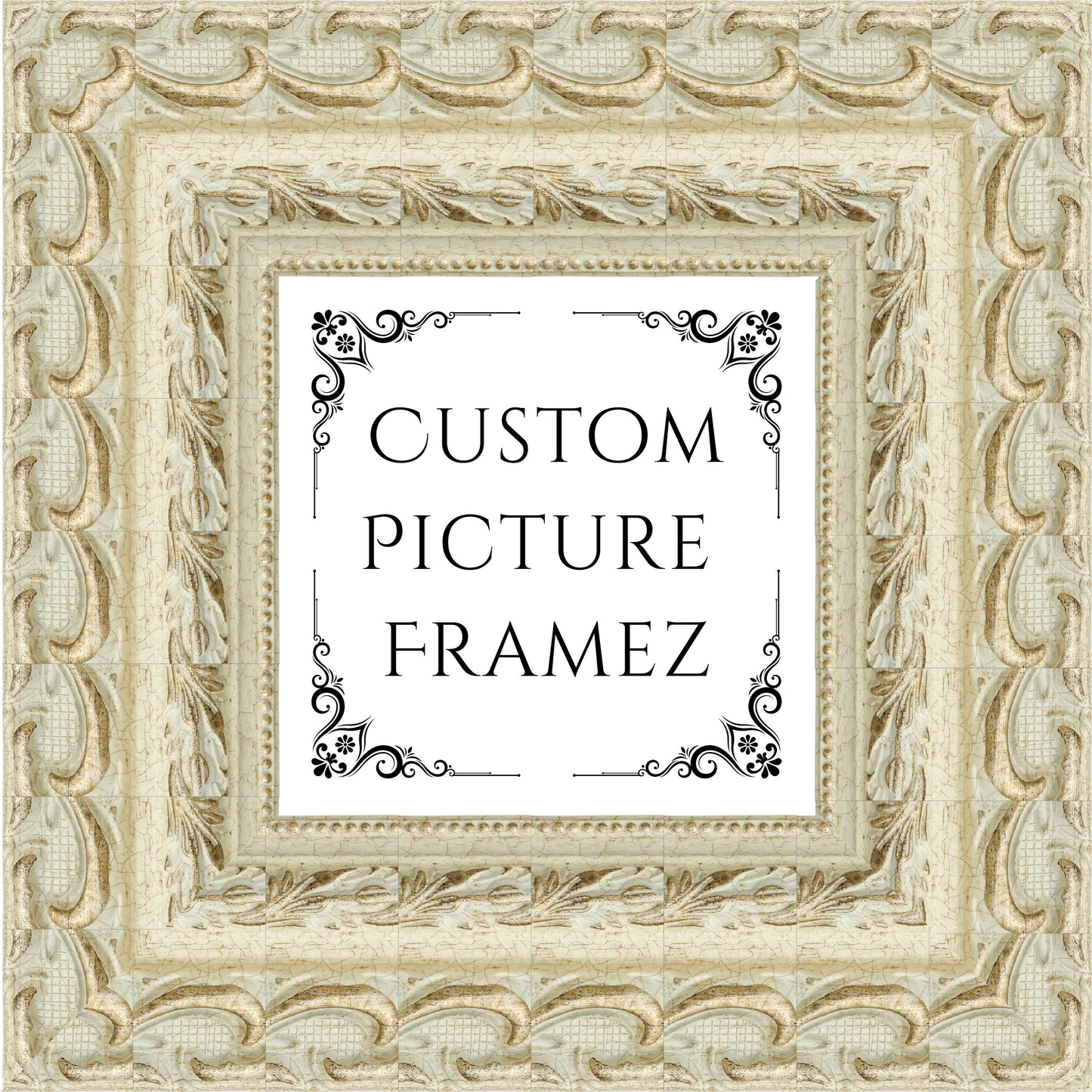 4-1/4" Wide Affordable Antique Ornate Gold/White Baroque Style Picture Frame. Custom Sizes Available. Plexiglass & Backing Option Available.