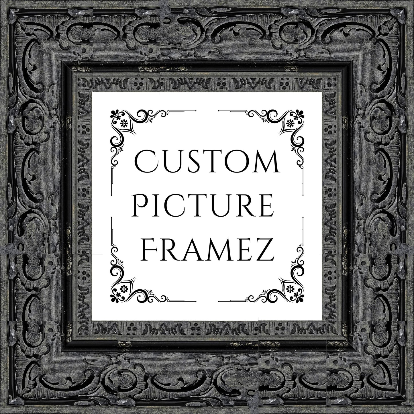 Affordable Ornate Black Baroque Style Picture Frame. 2-1/2" Wide. Custom Sizes Available. Plexi & Backing Option Available. Free Shipping