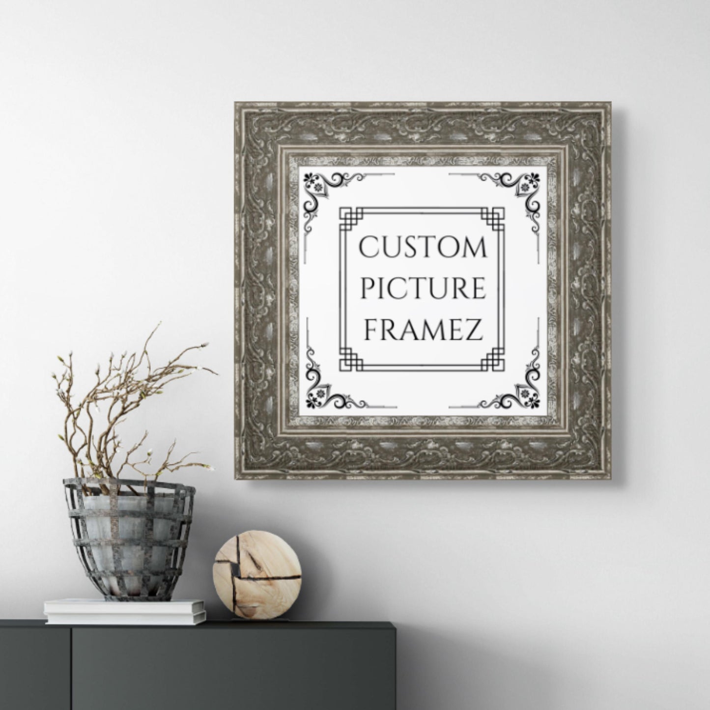 Affordable Antique Ornate Silver Baroque Style Picture Frame. 2-1/2" Wide. Custom Sizes Available. Plexiglass & Backing Option Available.