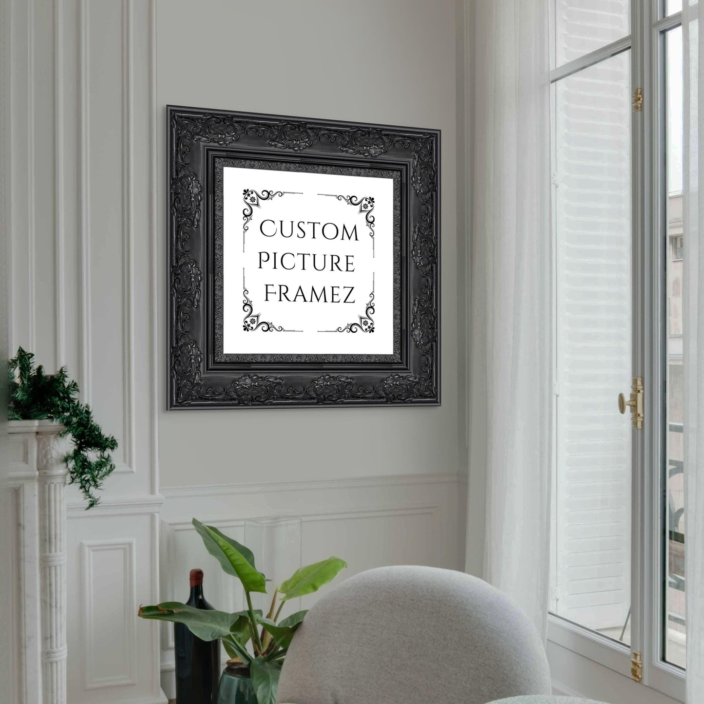 4" Wide Affordable Ornate Black Baroque Style Picture Frame. Custom Sizes Available. Plexi & Backing Option Available. Free Fast Shipping
