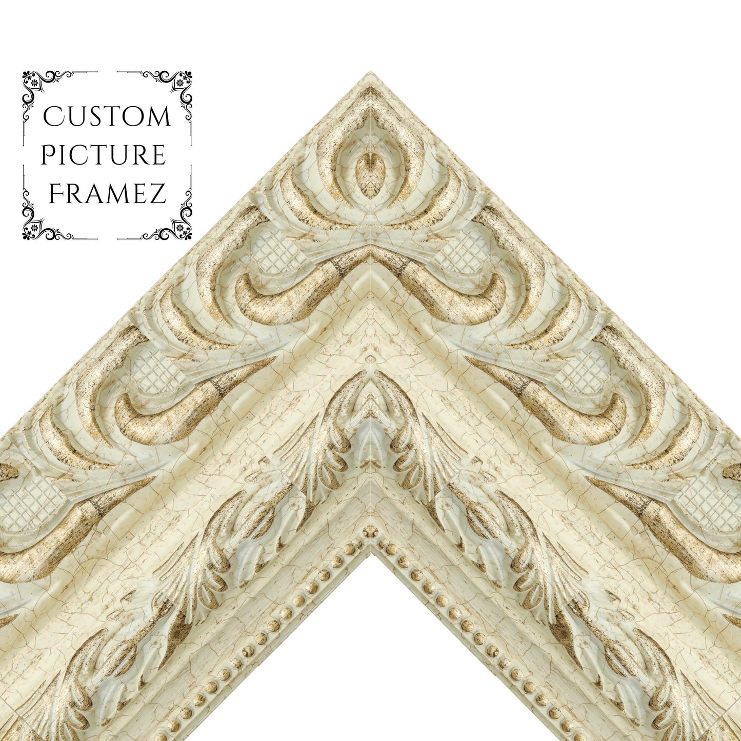 4-1/4" Wide Affordable Antique Ornate Gold/White Baroque Style Picture Frame. Custom Sizes Available. Plexiglass & Backing Option Available.