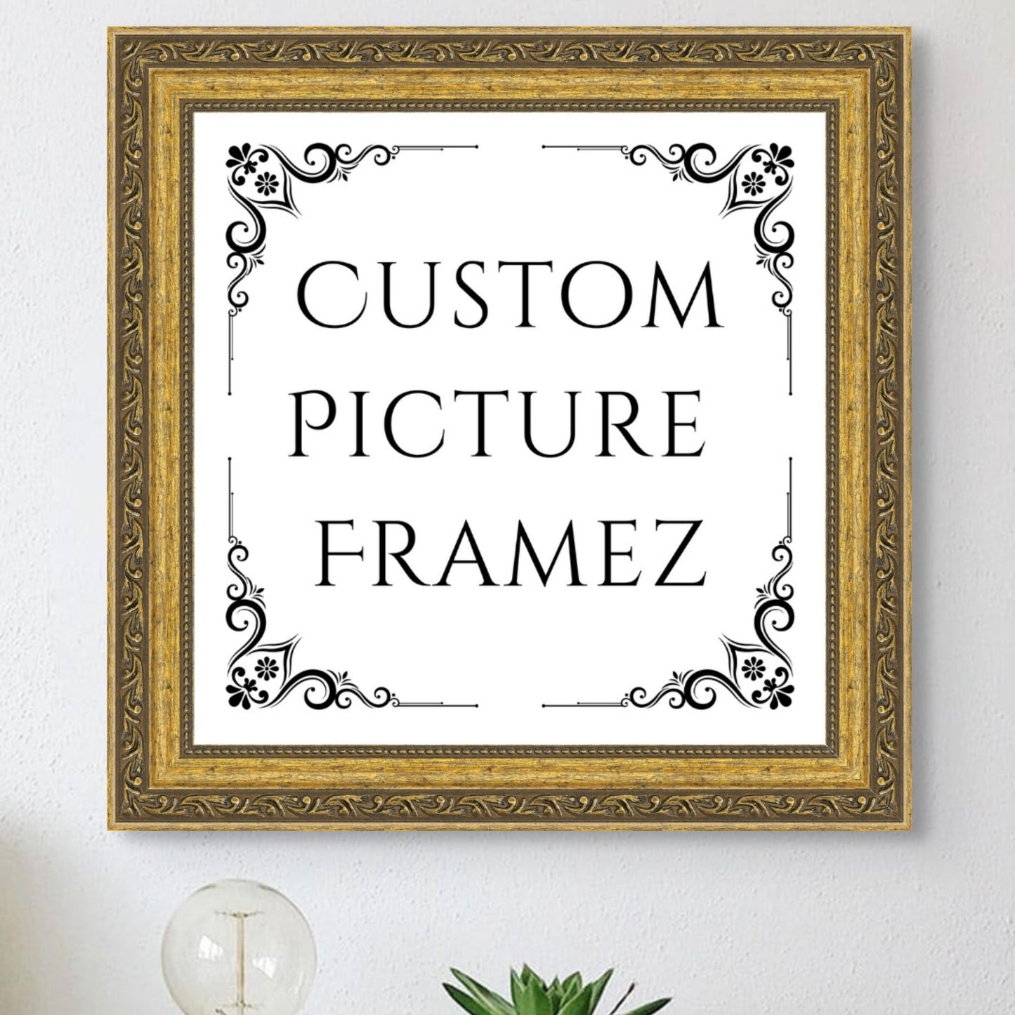 Gold Scrolled Traditional Ornate Picture Frame. 1-5/16" Wide. Custom Sizes Available. Gallery-Grade Plexiglass & Backing Option Available.