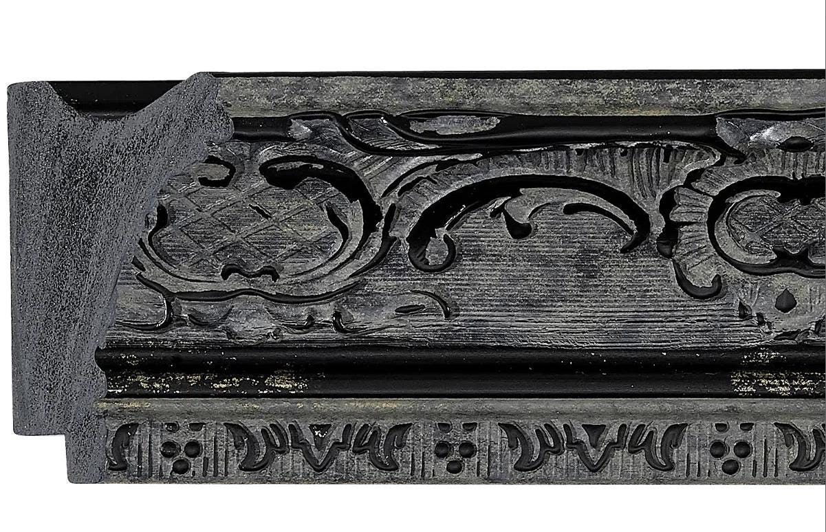 Affordable Ornate Black Baroque Style Picture Frame. 2-1/2" Wide. Custom Sizes Available. Plexi & Backing Option Available. Free Shipping