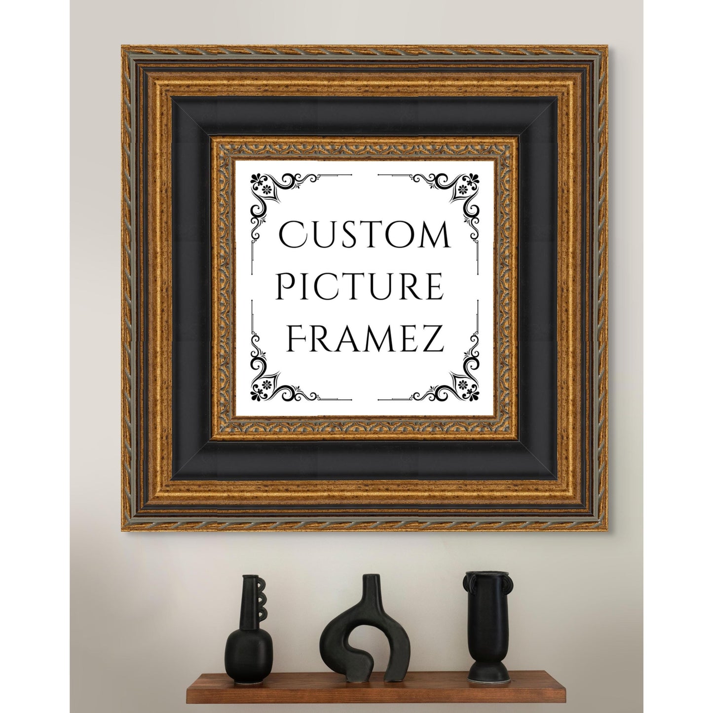 Affordable Ornate Black/Gold Baroque Style Picture Frame. 3-5/8" Wide. Custom Sizes Available. Plexi & Backing Available. Free Fast Shipping