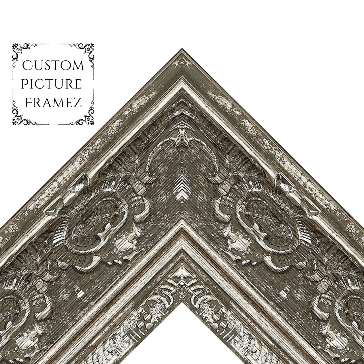 Affordable Antique Ornate Silver Baroque Style Picture Frame. 2-1/2" Wide. Custom Sizes Available. Plexiglass & Backing Option Available.
