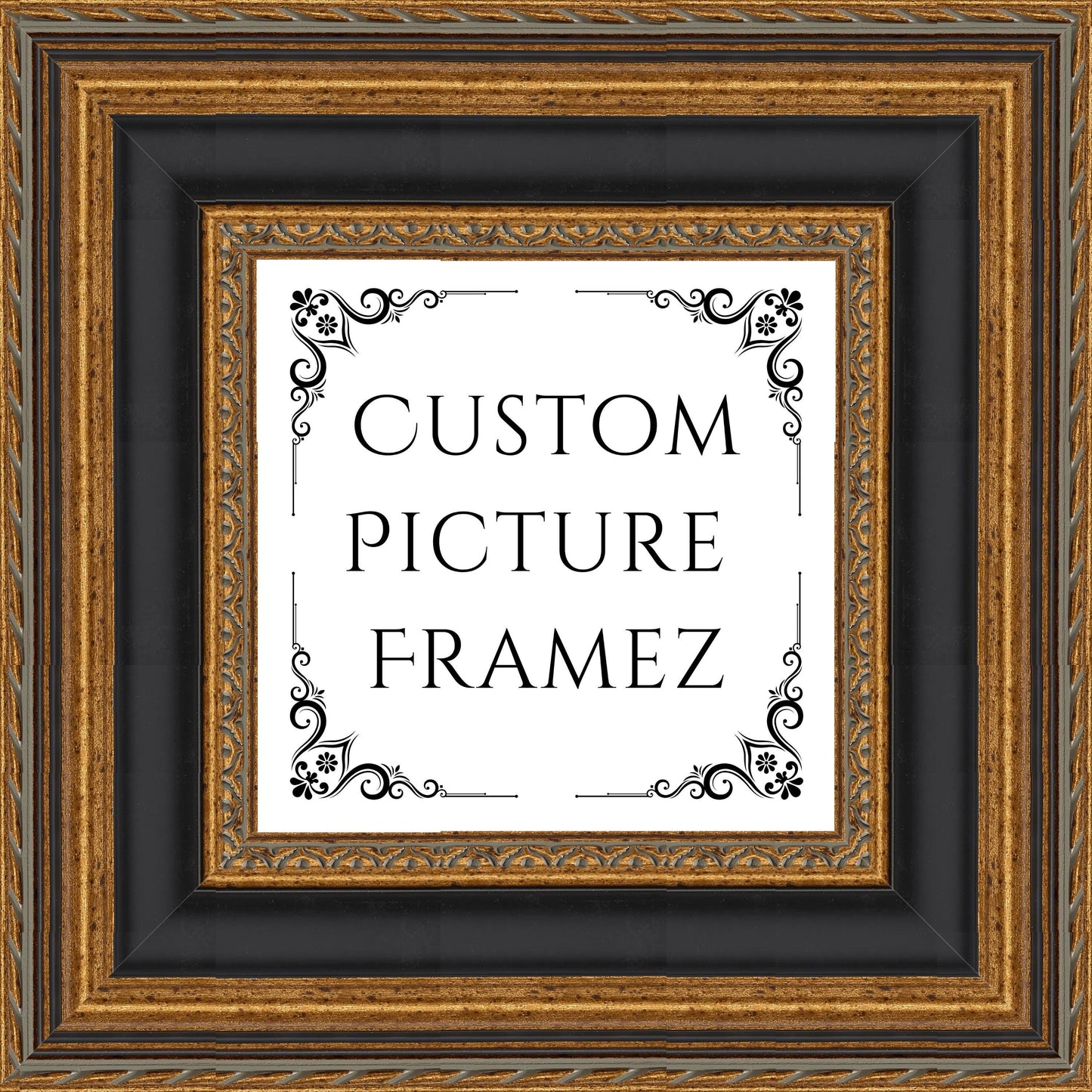 Affordable Ornate Black/Gold Baroque Style Picture Frame. 3-5/8" Wide. Custom Sizes Available. Plexi & Backing Available. Free Fast Shipping
