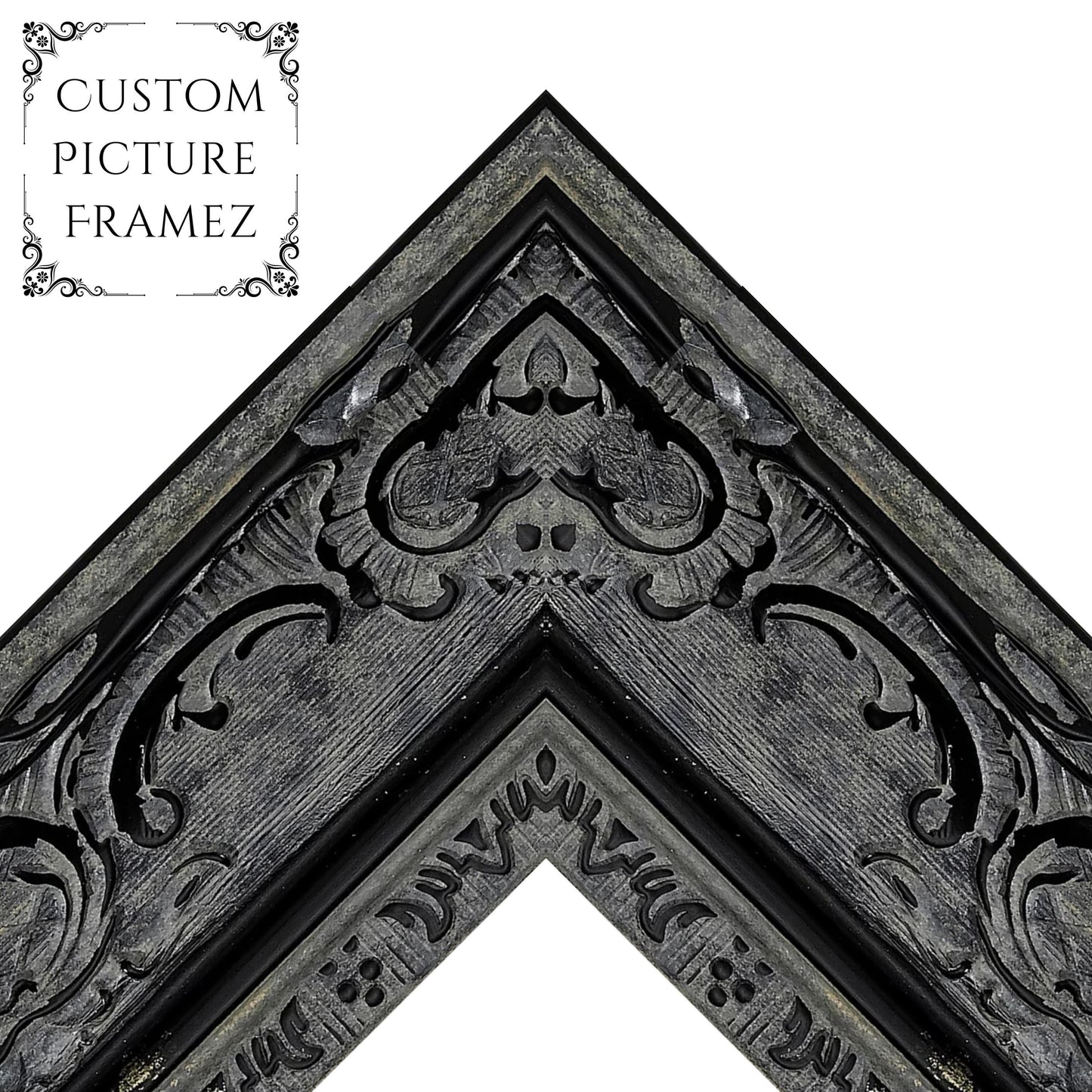 Affordable Ornate Black Baroque Style Picture Frame. 2-1/2" Wide. Custom Sizes Available. Plexi & Backing Option Available. Free Shipping