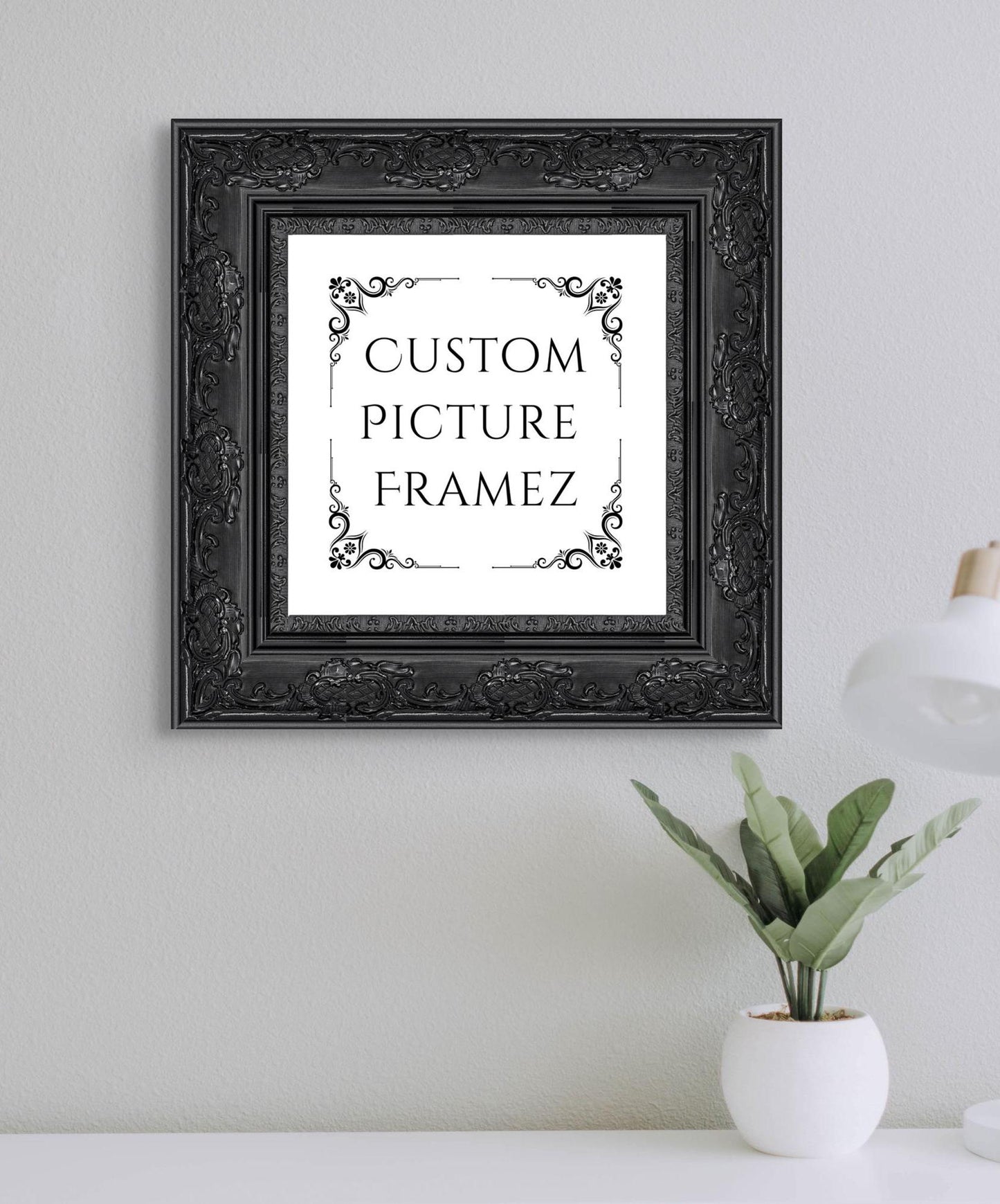 Affordable Ornate Black Baroque Style Picture Frame. 2-1/2" Wide. Custom Sizes Available. Plexi & Backing Option Available. Free Shipping