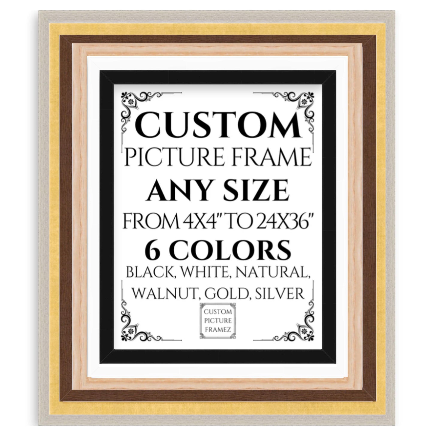 Solid Wood Picture Frame. Any Size Custom Made to Measure to 24 X 36". 6 Colors. Includes Plexiglass & Backing. Free Shipping. Made in USA