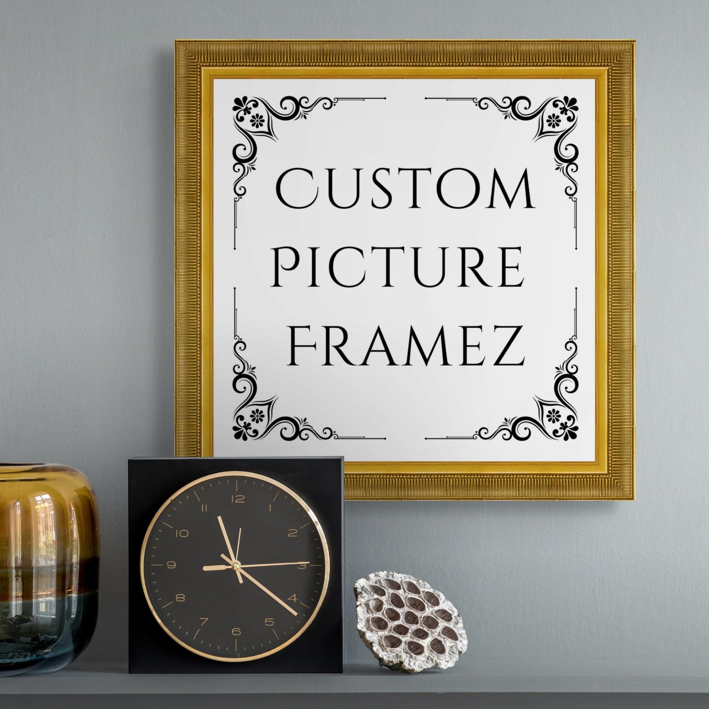 Egyptian Gold Traditional Ornate Picture Frame. 1-5/16" Wide. Custom Sizes Available. Gallery-Grade Plexiglass & Backing Option Available.