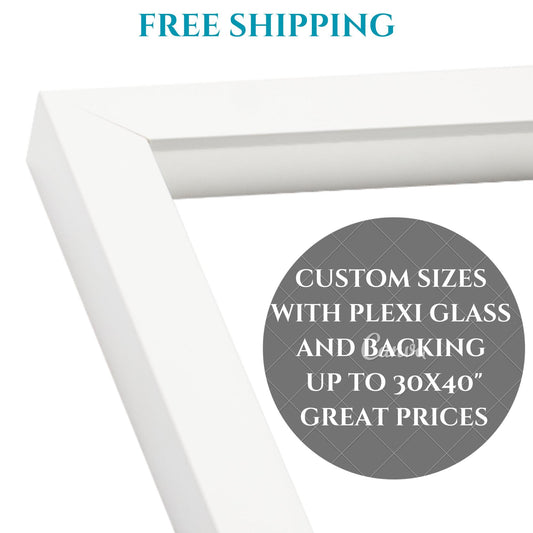 Gallery Flat Matte White Picture Frame, Free Shipping. Thick Acrylic Plexiglass, Backing, and hanging hardware Included-Custom Sizes Option