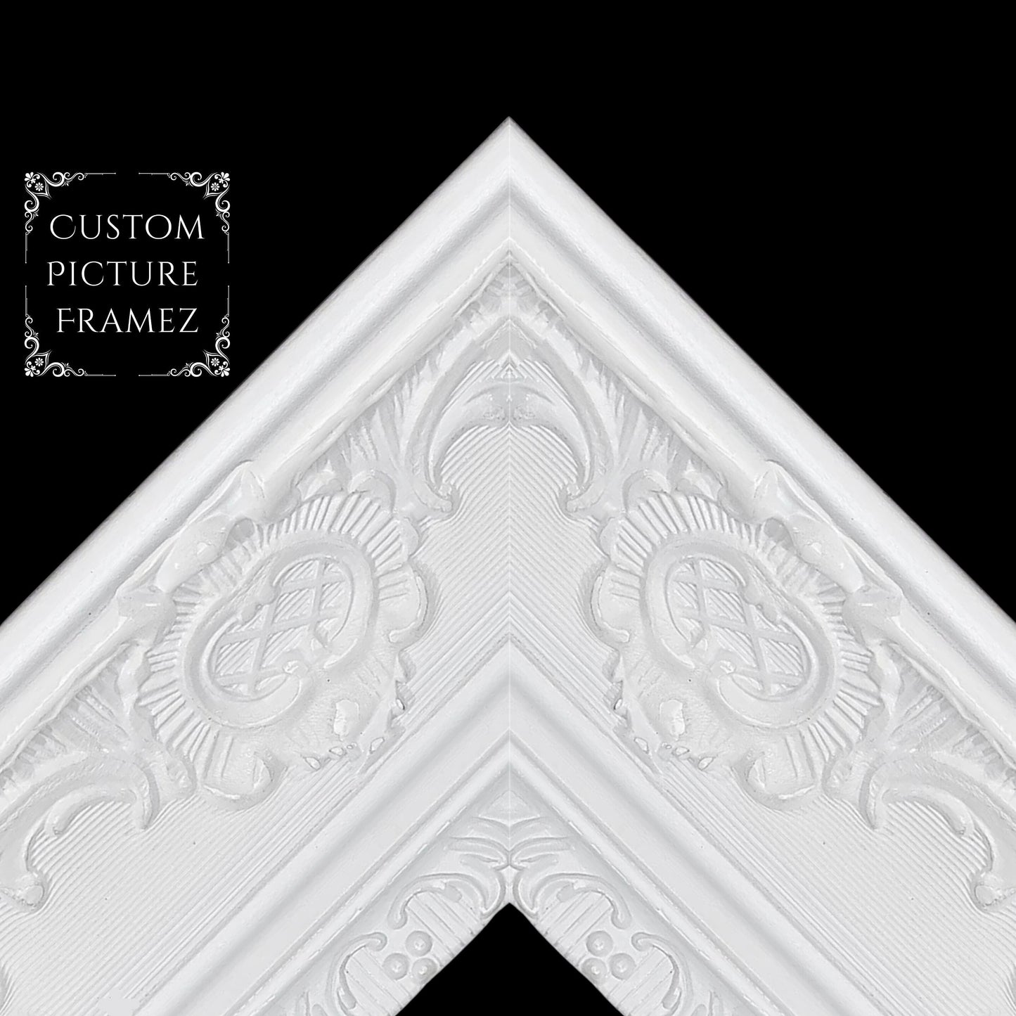 Affordable Ornate Modern White Baroque Style Picture Frame. 2-1/2" Wide. Custom Sizes Available. Plexiglass & Backing Option Available.