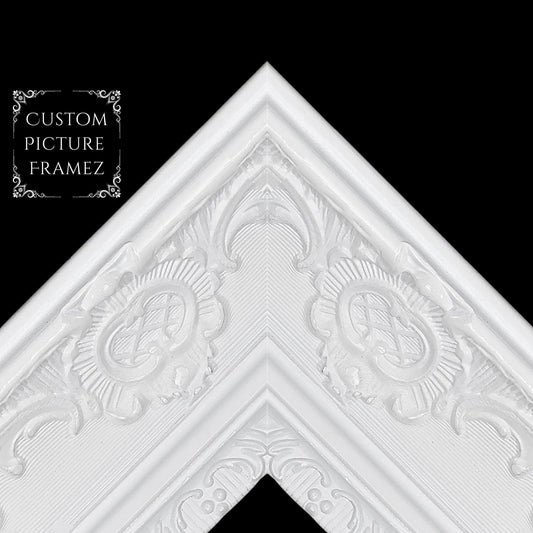 Affordable Ornate Modern White Baroque Style Picture Frame. 2-1/2" Wide. Custom Sizes Available. Plexiglass & Backing Option Available.