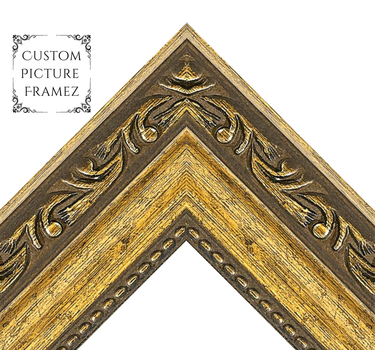 Gold Scrolled Traditional Ornate Picture Frame. 1-5/16" Wide. Custom Sizes Available. Gallery-Grade Plexiglass & Backing Option Available.