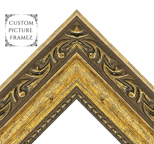 Gold Scrolled Traditional Ornate Picture Frame. 1-5/16" Wide. Custom Sizes Available. Gallery-Grade Plexiglass & Backing Option Available.