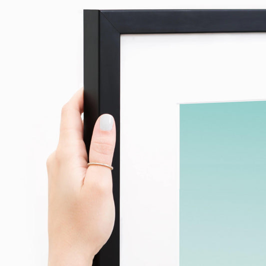 Black Slim Picture Frame. Solid Wood. Custom Sizes Available. Includes Acid Free Mat, Acrylic Plexiglass, & Foam Core Backing. Free Shipping