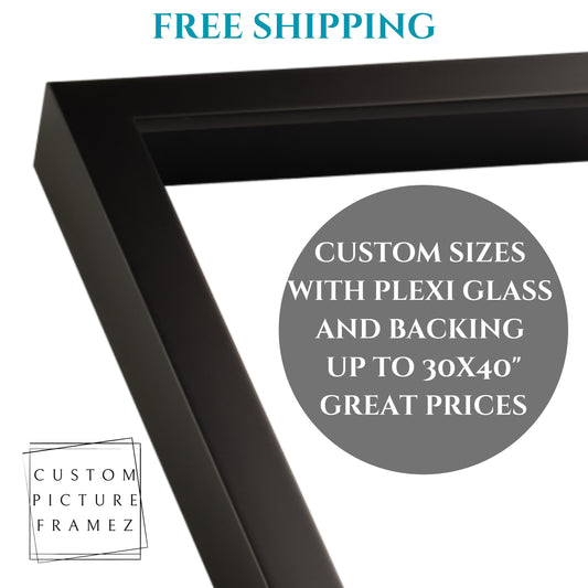 Matte Black Slim Solid Wood Picture Frame. Includes Acrylic Plexiglass & Foam Core Backing. Custom Sizes. Free Shipping
