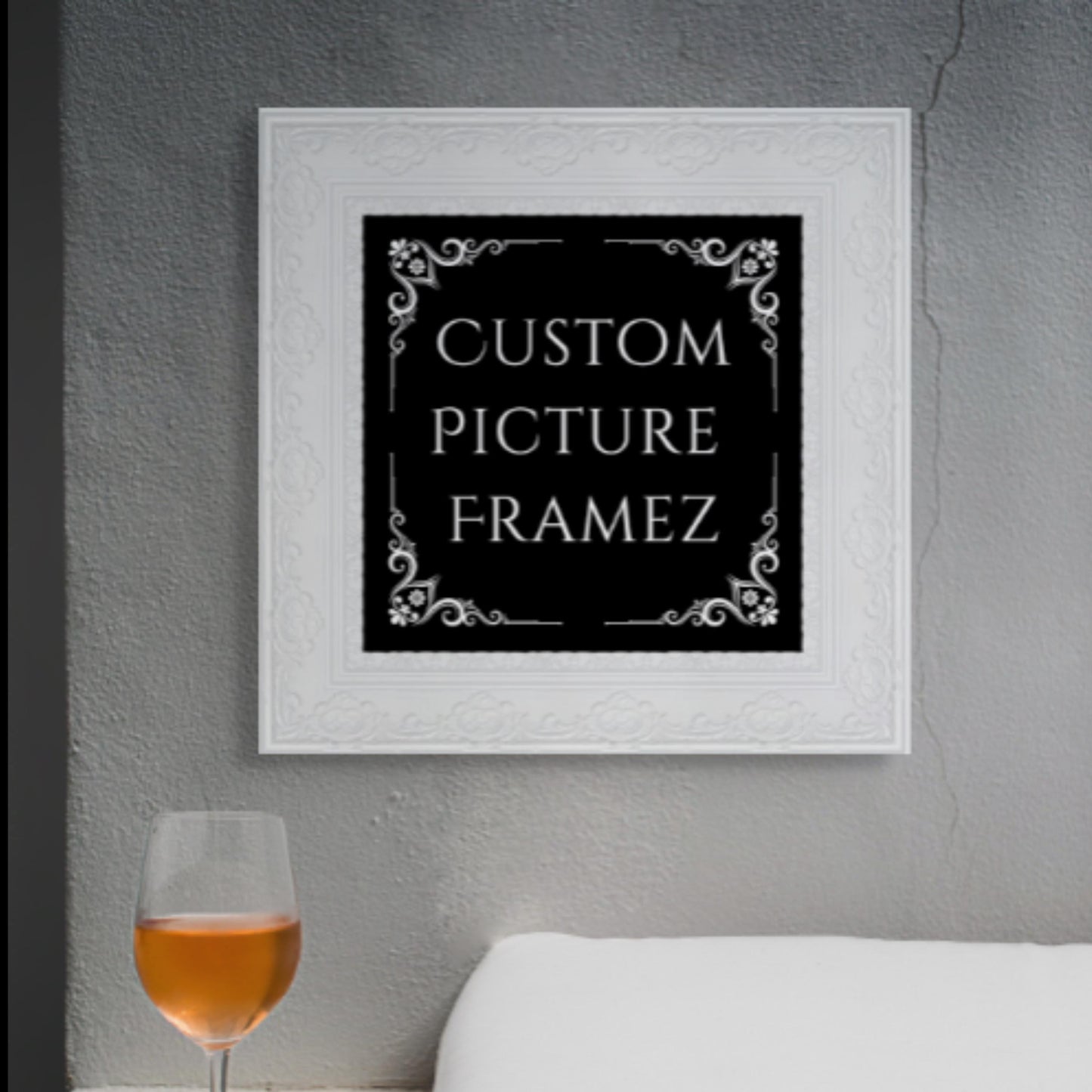 Affordable Ornate Modern White Baroque Style Picture Frame. 2-1/2" Wide. Custom Sizes Available. Plexiglass & Backing Option Available.