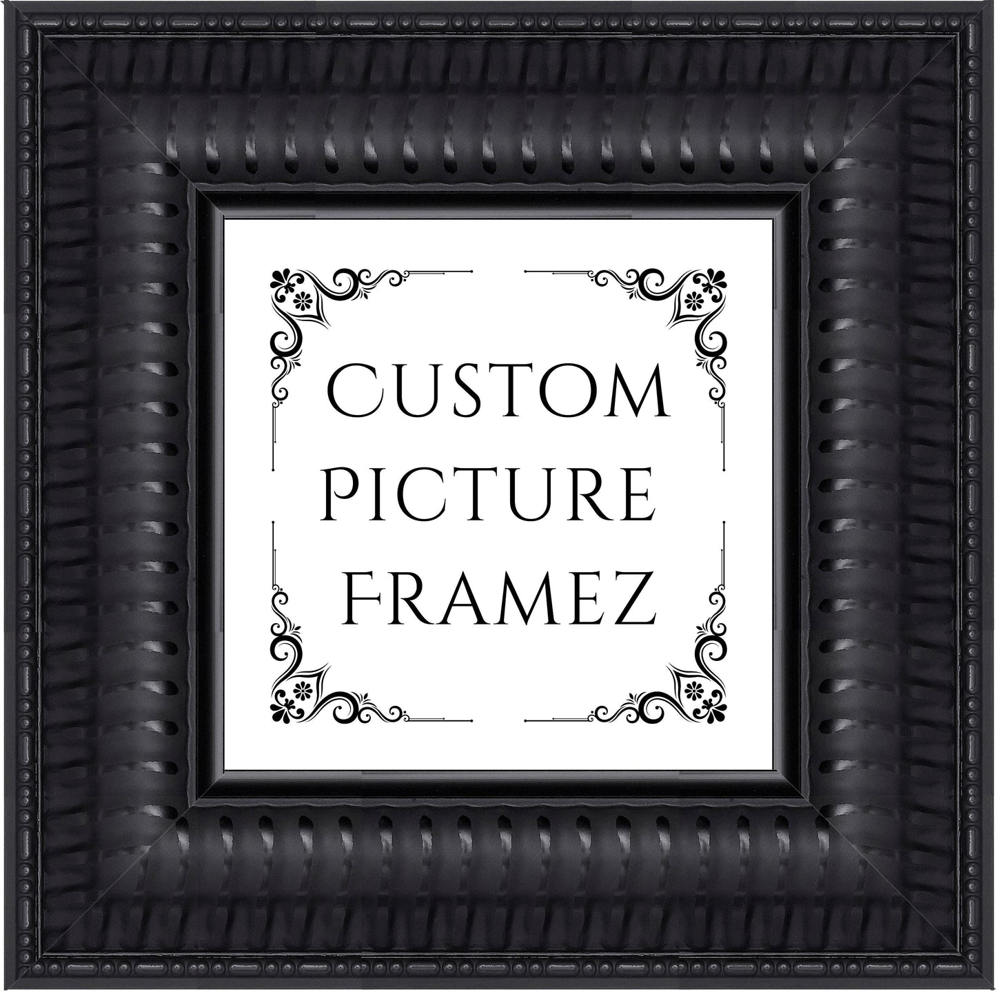 Affordable Ornate Black Baroque Style Picture Frame. 2-1/2" Wide. Custom Sizes Available. Plexi & Backing Option Available. Free Shipping