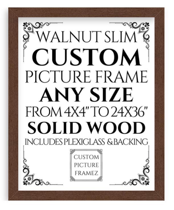 Solid Wood Picture Frame. Any Size Custom Made to Measure to 24 X 36". 6 Colors. Includes Plexiglass & Backing. Free Shipping. Made in USA