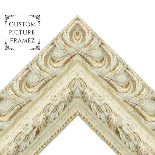 4-1/4" Wide Affordable Antique Ornate Gold/White Baroque Style Picture Frame. Custom Sizes Available. Plexiglass & Backing Option Available.