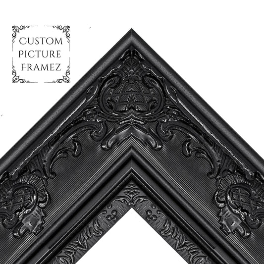 4" Wide Affordable Ornate Black Baroque Style Picture Frame. Custom Sizes Available. Plexi & Backing Option Available. Free Fast Shipping