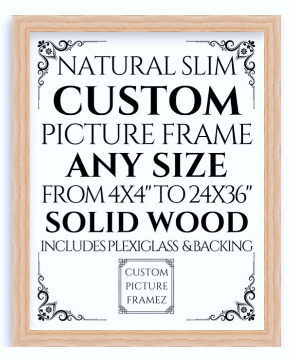 Solid Wood Picture Frame. Any Size Custom Made to Measure to 24 X 36". 6 Colors. Includes Plexiglass & Backing. Free Shipping. Made in USA