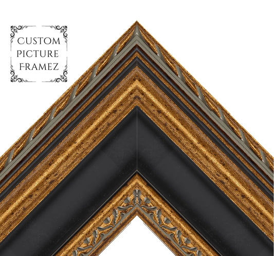 Affordable Ornate Black/Gold Baroque Style Picture Frame. 3-5/8" Wide. Custom Sizes Available. Plexi & Backing Available. Free Fast Shipping
