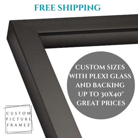 Matte Black Square Profile Solid Wood Picture Frame. Includes Acrylic Plexiglass & Foam Core Backing. Custom Sizes. Free Shipping