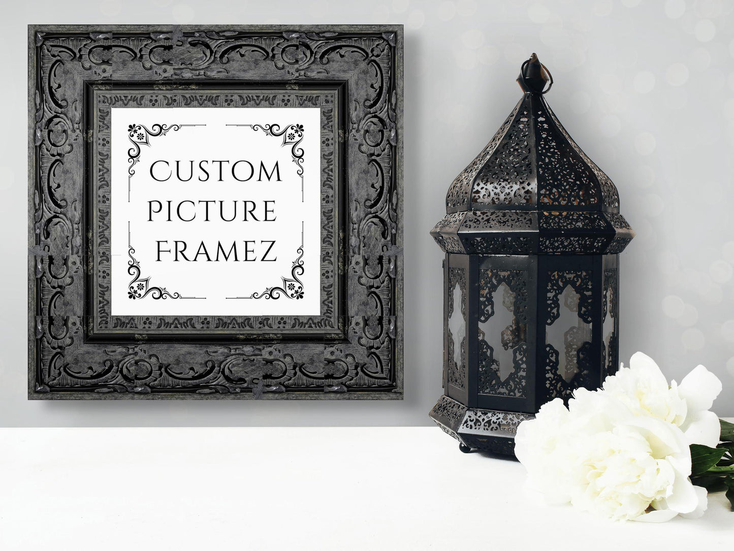 Affordable Ornate Black Baroque Style Picture Frame. 2-1/2" Wide. Custom Sizes Available. Plexi & Backing Option Available. Free Shipping