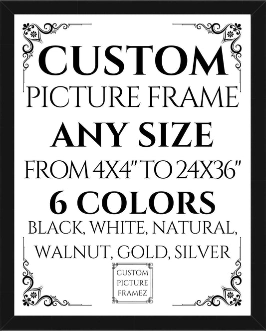 Solid Wood Picture Frame. Any Size Custom Made to Measure to 24 X 36". 6 Colors. Includes Plexiglass & Backing. Free Shipping. Made in USA