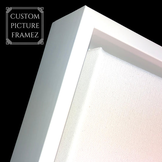 White Canvas Floater Frame-Fits Canvas up to 1.5" Tall. Custom Sizes. Solid Wood Art Gallery Quality. Hardware Included. Free Shipping.