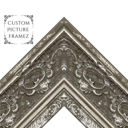 Affordable Antique Ornate Silver Baroque Style Picture Frame. 2-1/2" Wide. Custom Sizes Available. Plexiglass & Backing Option Available.