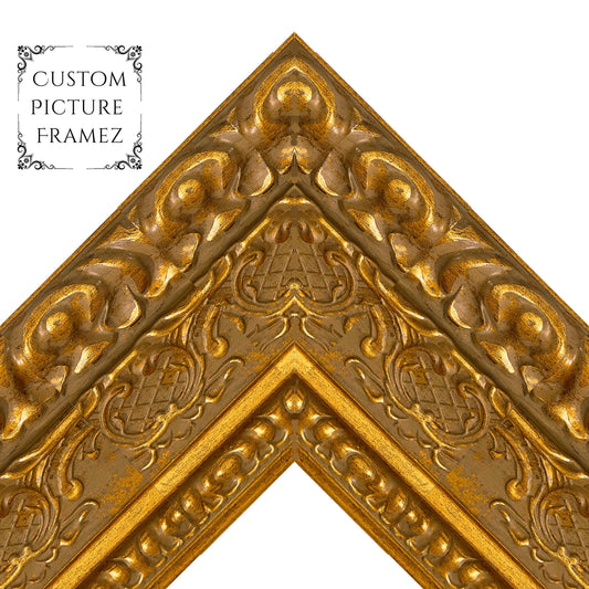 4" Wide Affordable Antique Ornate Gold Baroque Style Picture Frame. Custom Sizes Available. Plexiglass & Backing Option Available.