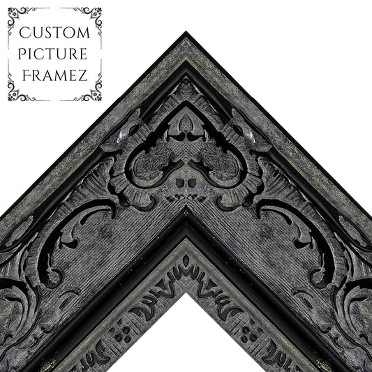 Affordable Ornate Black Baroque Style Picture Frame. 2-1/2" Wide. Custom Sizes Available. Plexi & Backing Option Available. Free Shipping