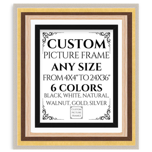 Solid Wood Picture Frame. Any Size Custom Made to Measure to 24 X 36". 6 Colors. Includes Plexiglass & Backing. Free Shipping. Made in USA