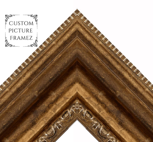 Affordable Antique Ornate Gold Baroque Style Picture Frame. 3" Wide. Custom Sizes Available. Plexi & Backing Option Available. Free Shipping